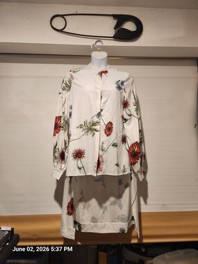 Floral High-Low Button Front Top - White with Red & Green Floral Print
